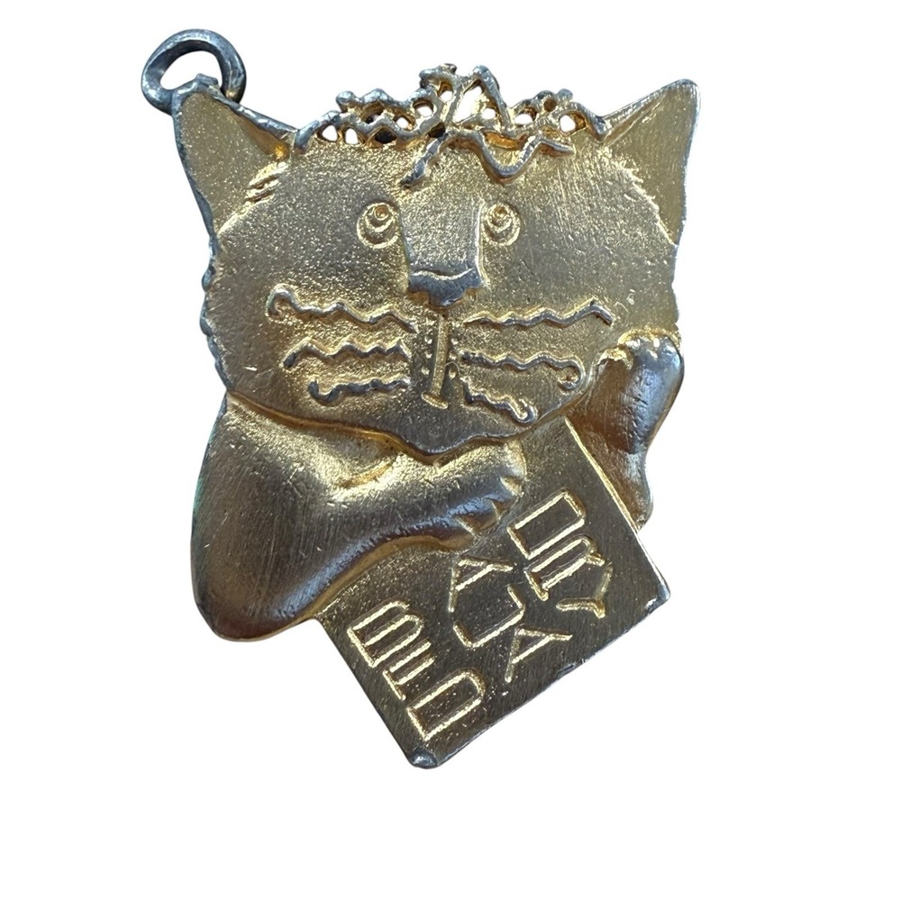 Vintage 1989 Mali Signed Gold Tone Cat Pendant Charm Bad Fur Day Whimsical 89